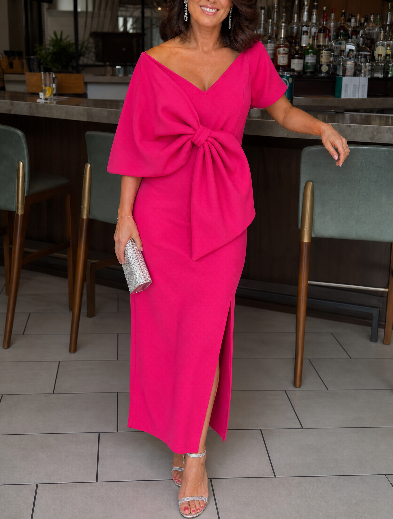 Hot Pink Off Shoulder Bow Front Slit Midi Dress