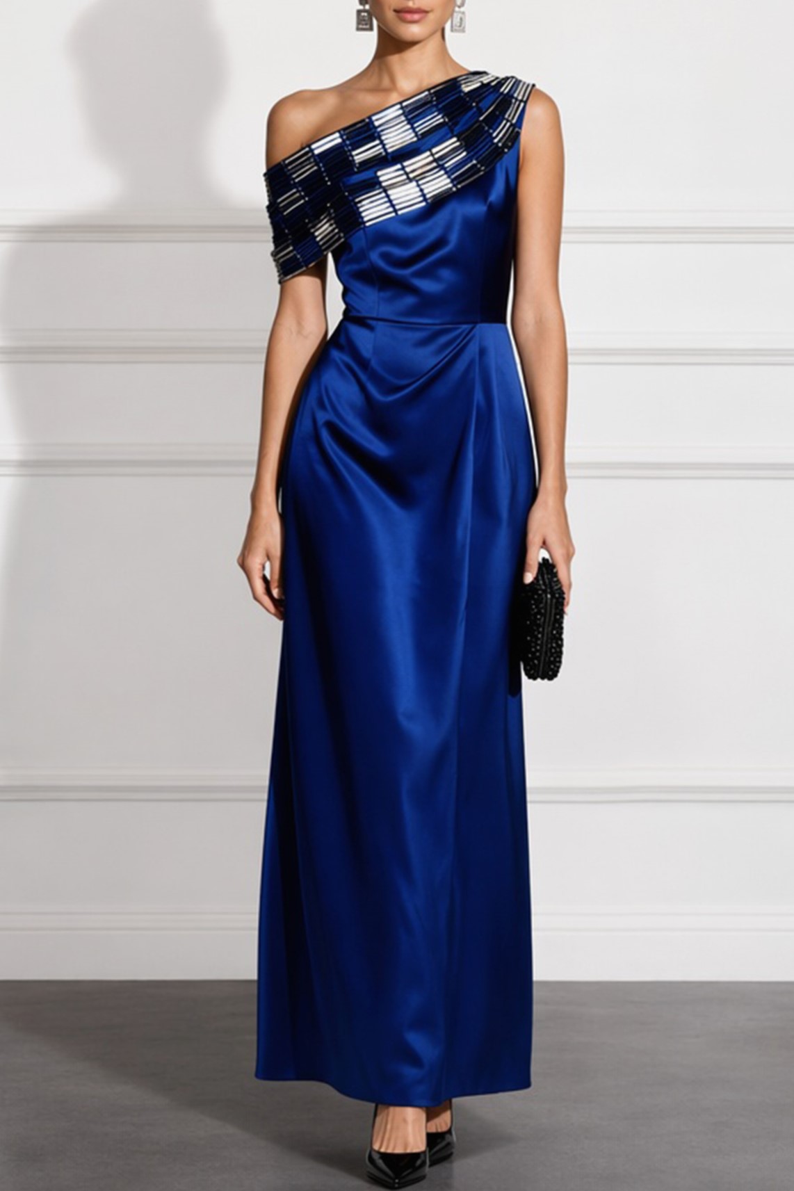 Royal Blue One-Shoulder Beaded Satin Sheath Maxi Dress