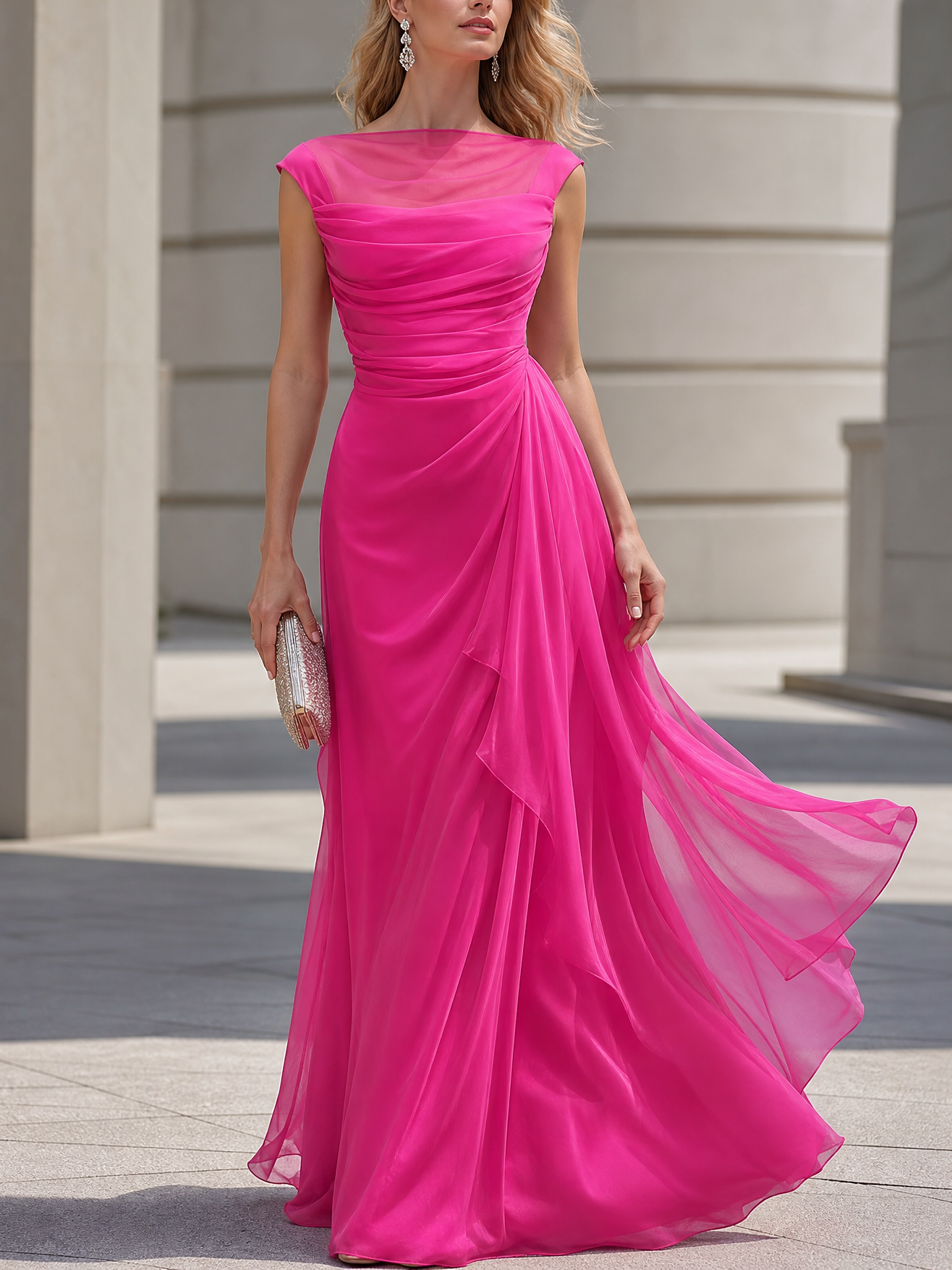 Hot Pink Mesh Neck Cap Sleeve Ruched Ruffle Maxi Dress
