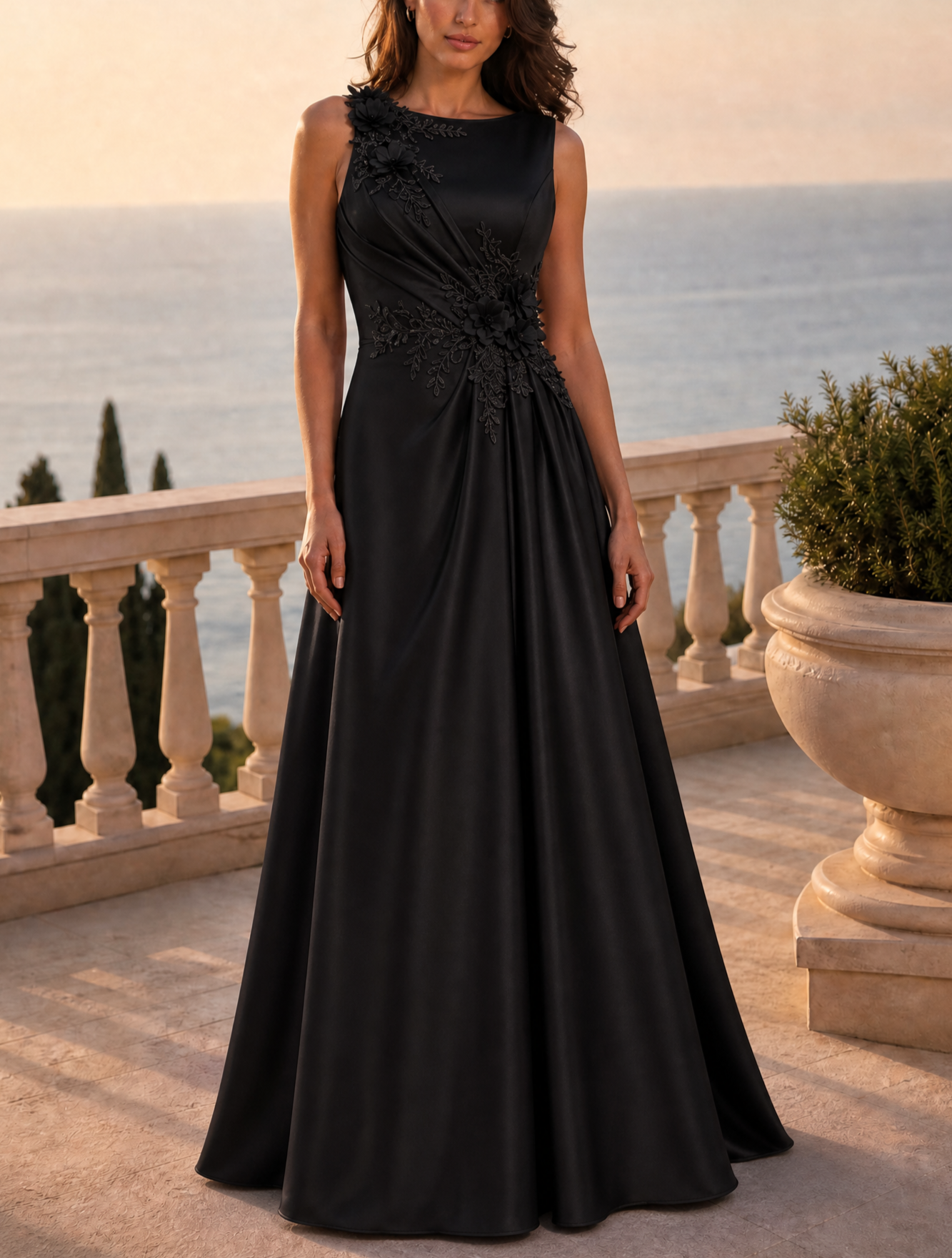 Black Sleeveless Lace Floral Appliqued A Line Maxi Dress