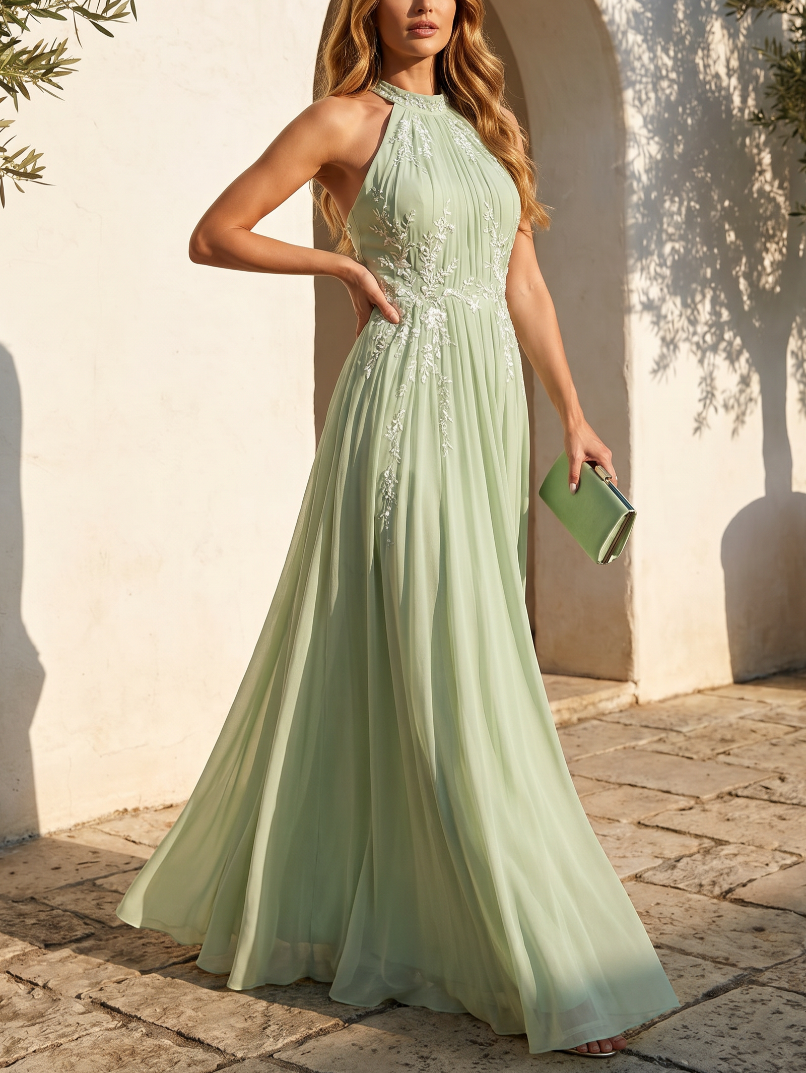 Sage Green Halter Neck Embroidered Chiffon Maxi Dress