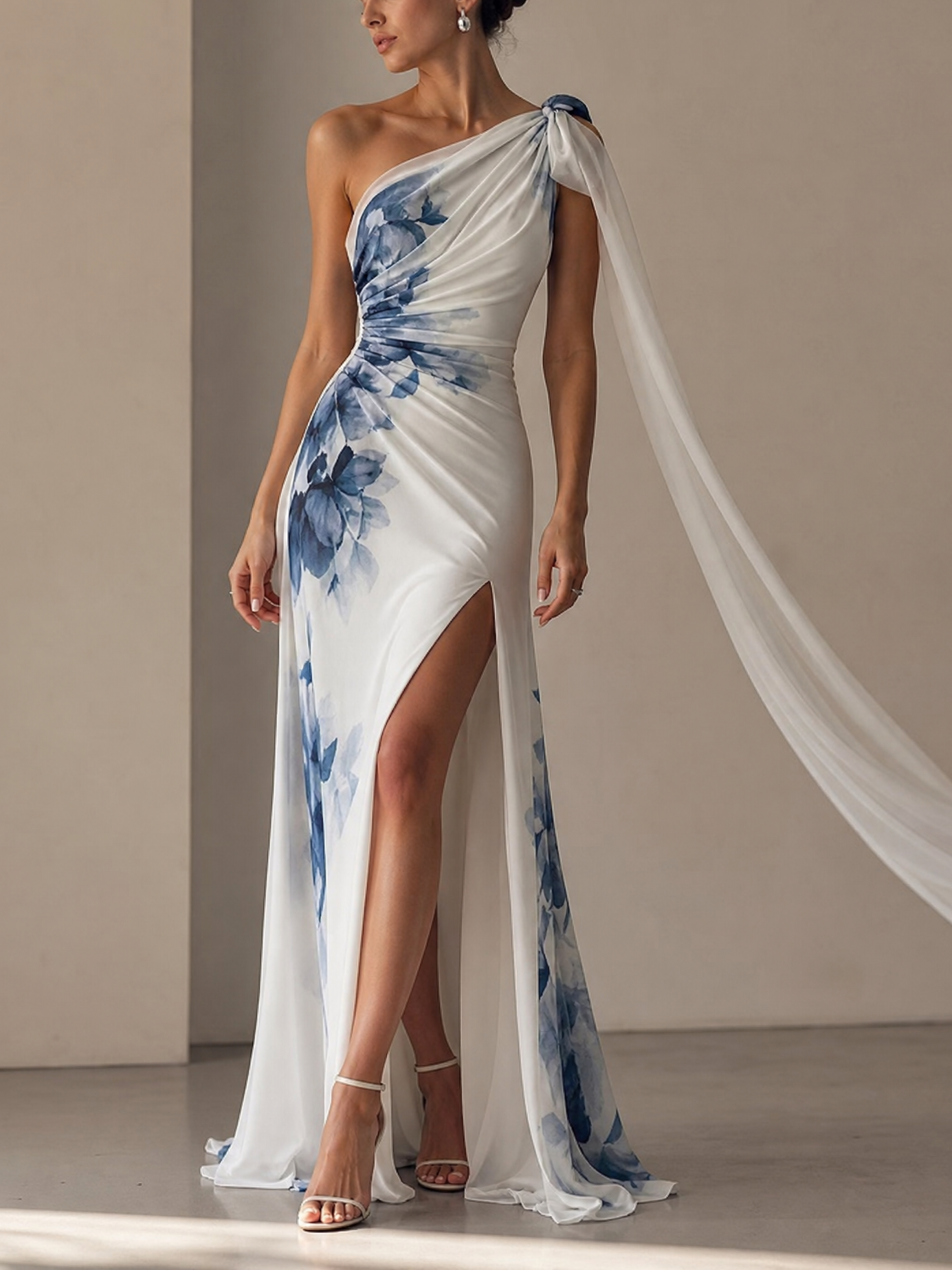 White Blue Watercolor Floral One-Shoulder Chiffon Gown