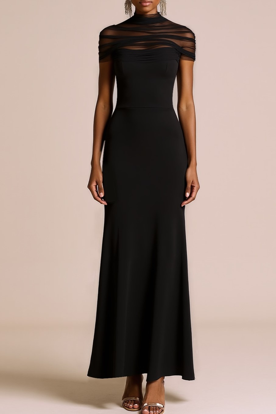 Black Maxi Illusion Neck Mermaid Formal Dress with Sleeves