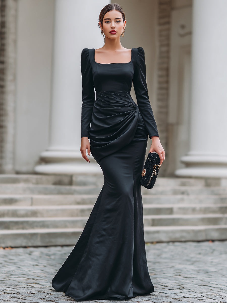 Long Sleeve Square-Neck Draped Mermaid Evening Dress