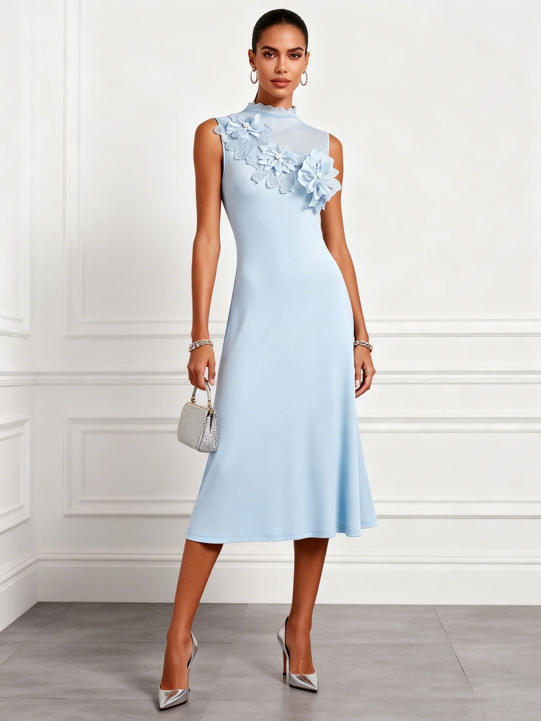Light Blue 3D Floral Knit Mock Neck Sleeveless A-Line Midi Dress