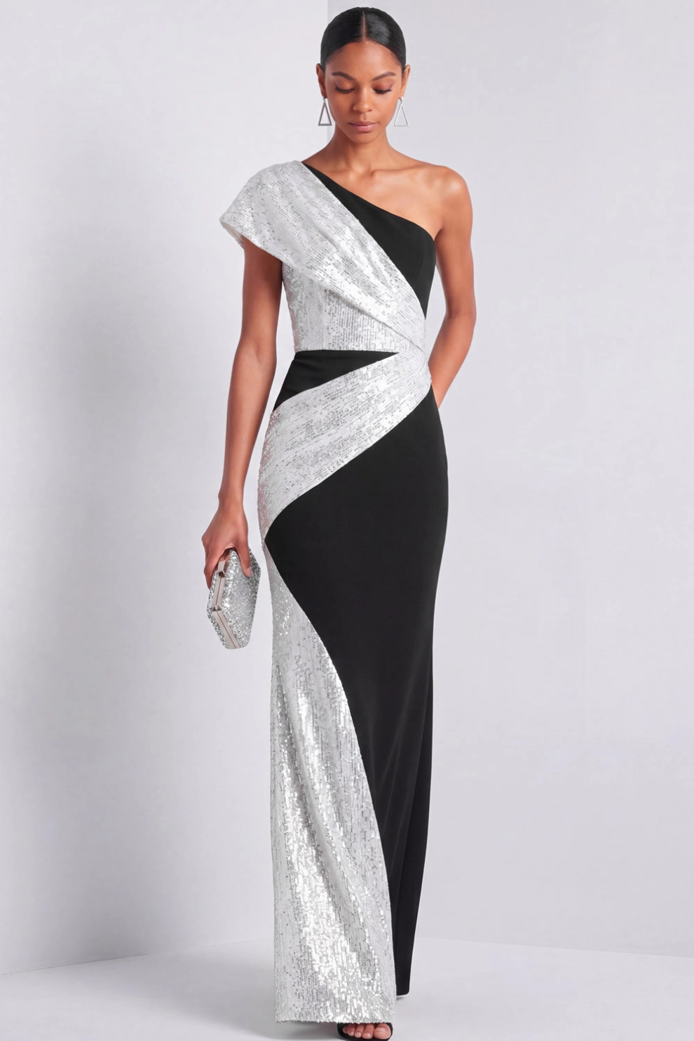 Silver Sequin One Shoulder Mermaid Maxi Gown