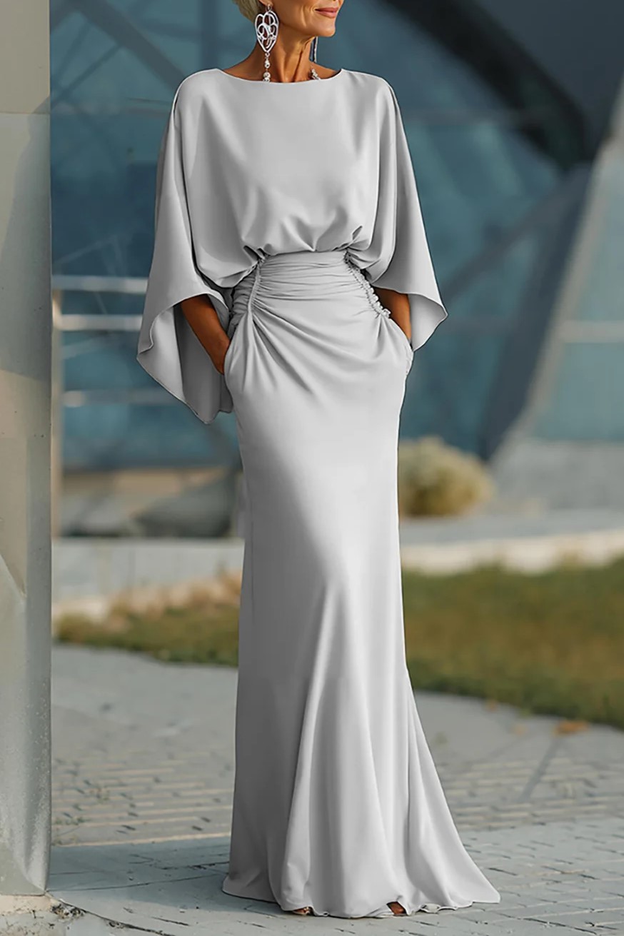 Bateau Batwing Sleeve Ruched Waist  with Pockets Mermaid Gown
