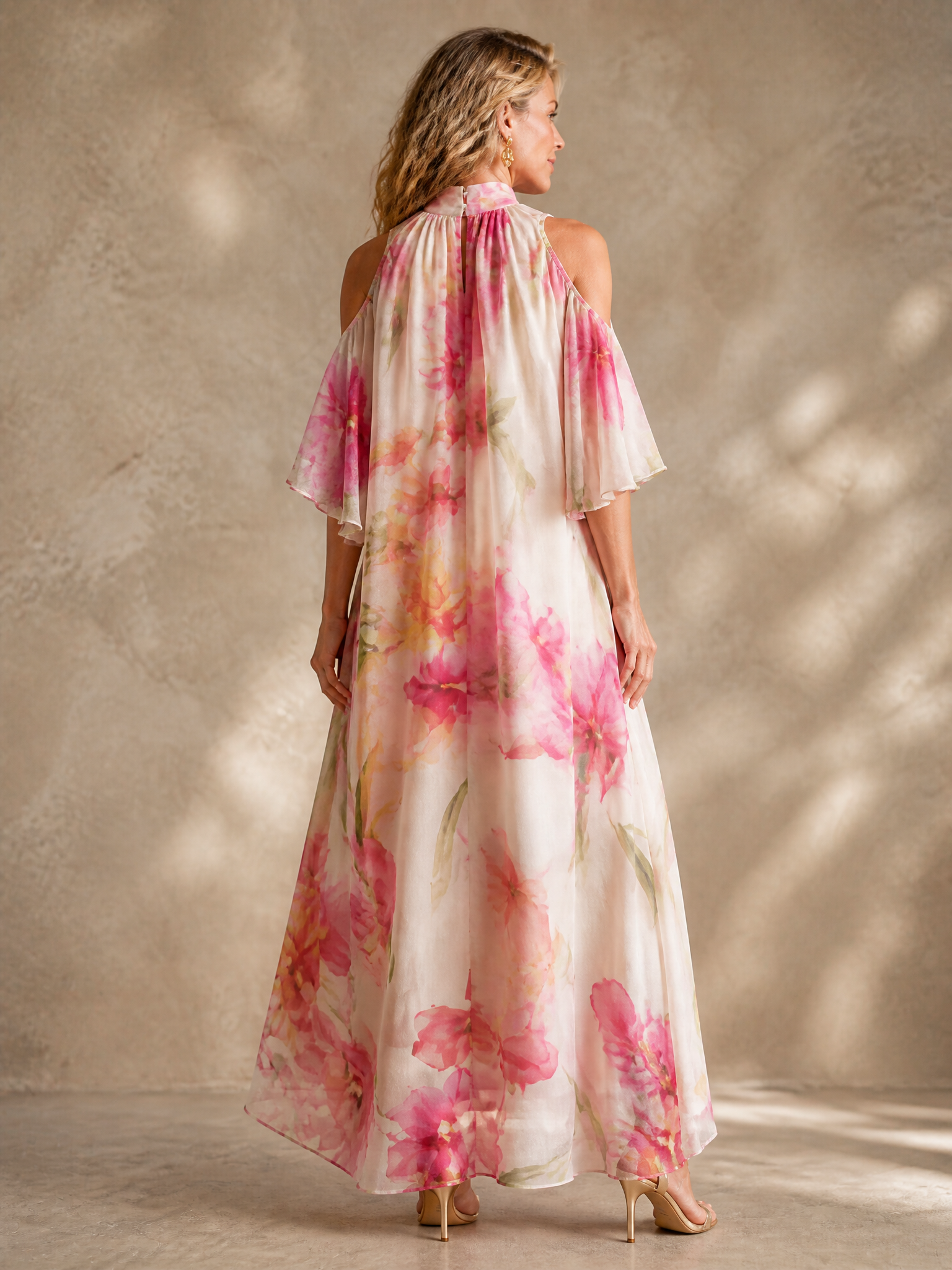 Ethereal Pink Floral Cold-Shoulder Halter Chiffon A-Line Maxi Gown Dress