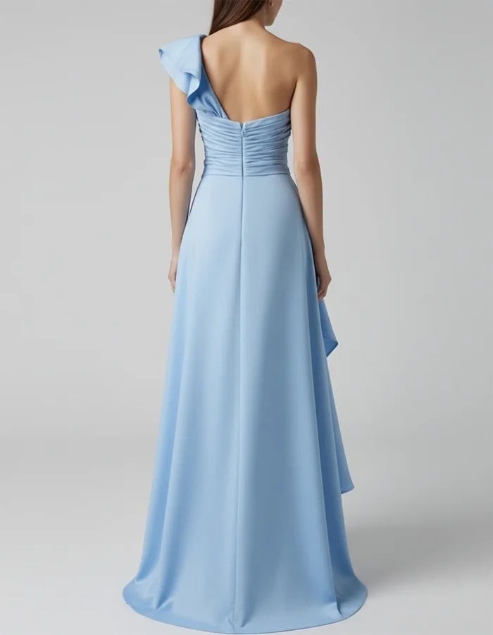 One-shoulder Pleated Satin Asymmetrical Ruffle Maxi Dress