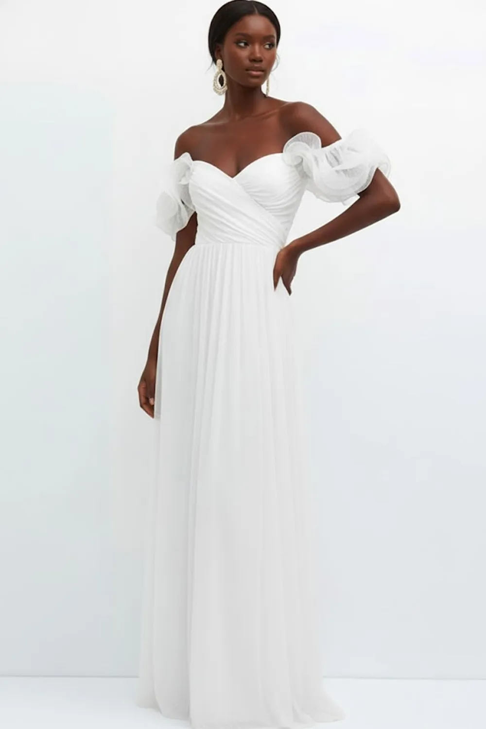 Light Blue Off Shoulder A-Line Pleated Chiffon Maxi Dress