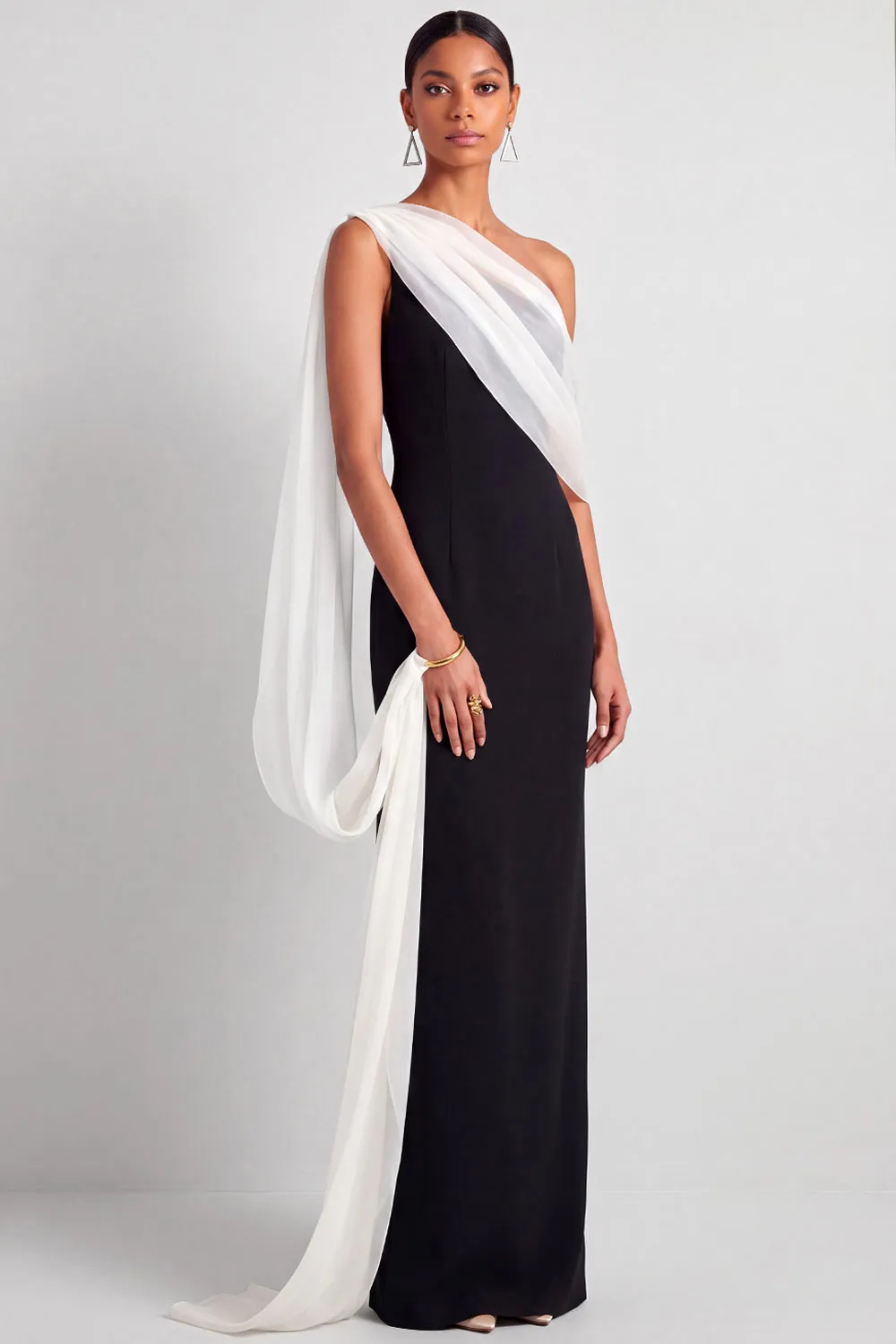Black and White One Shoulder Mermaid Cape Maxi Dress