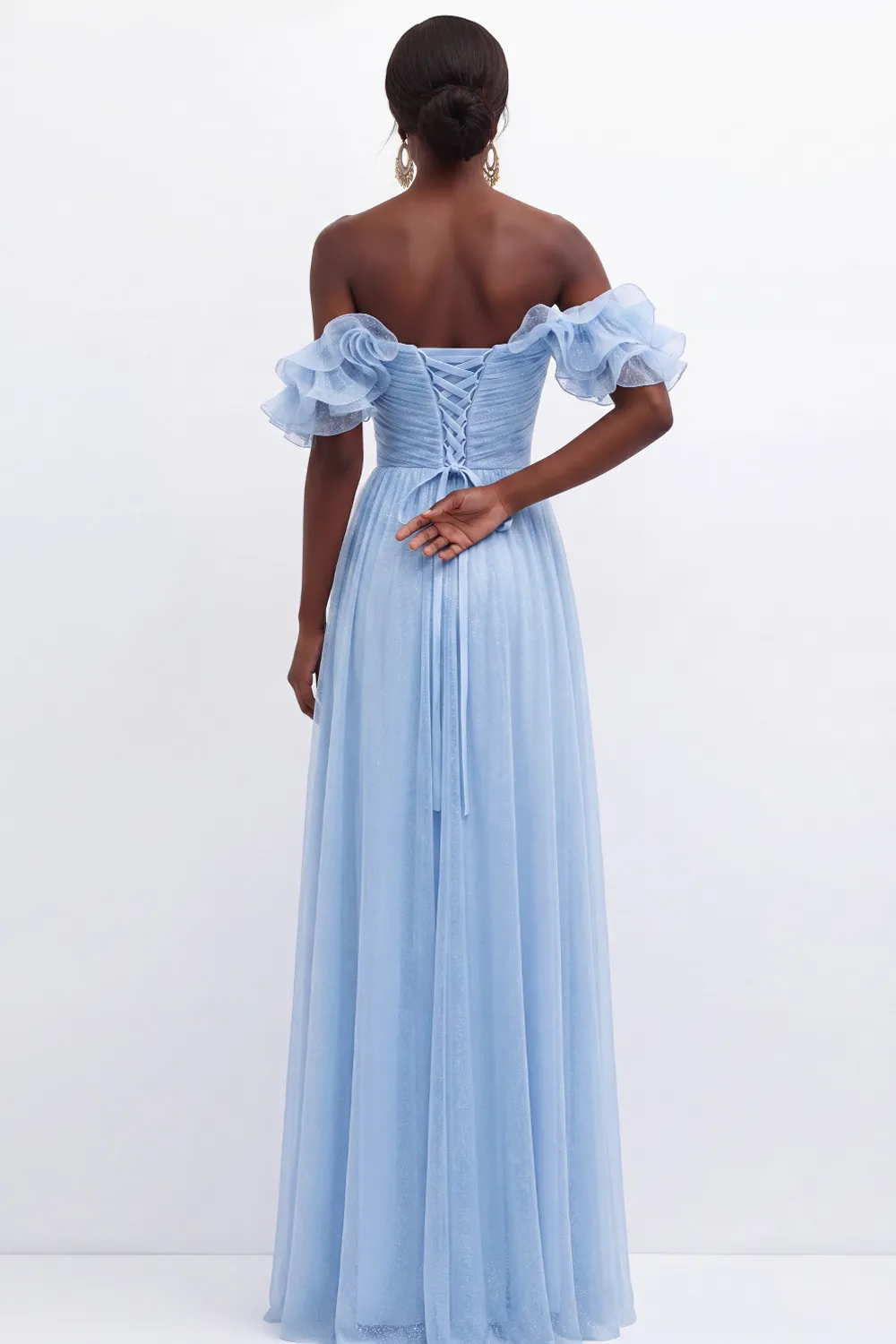 Light Blue Off Shoulder A-Line Pleated Chiffon Maxi Dress