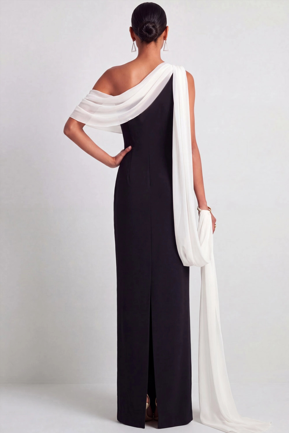 Black and White One Shoulder Mermaid Cape Maxi Dress