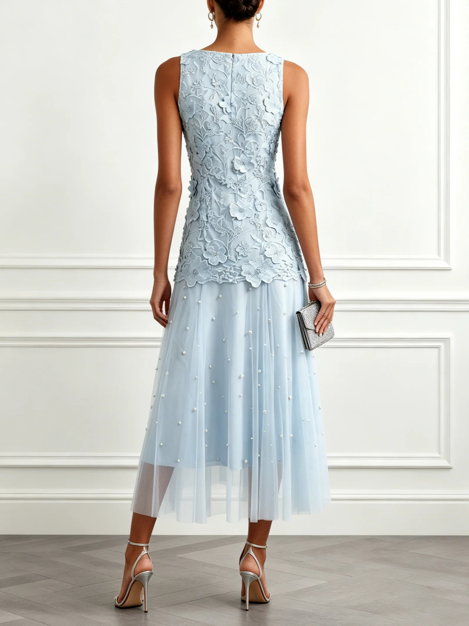 Light Blue Lace Lace Boat Neck Sleeveless A-Line Maxi Dress