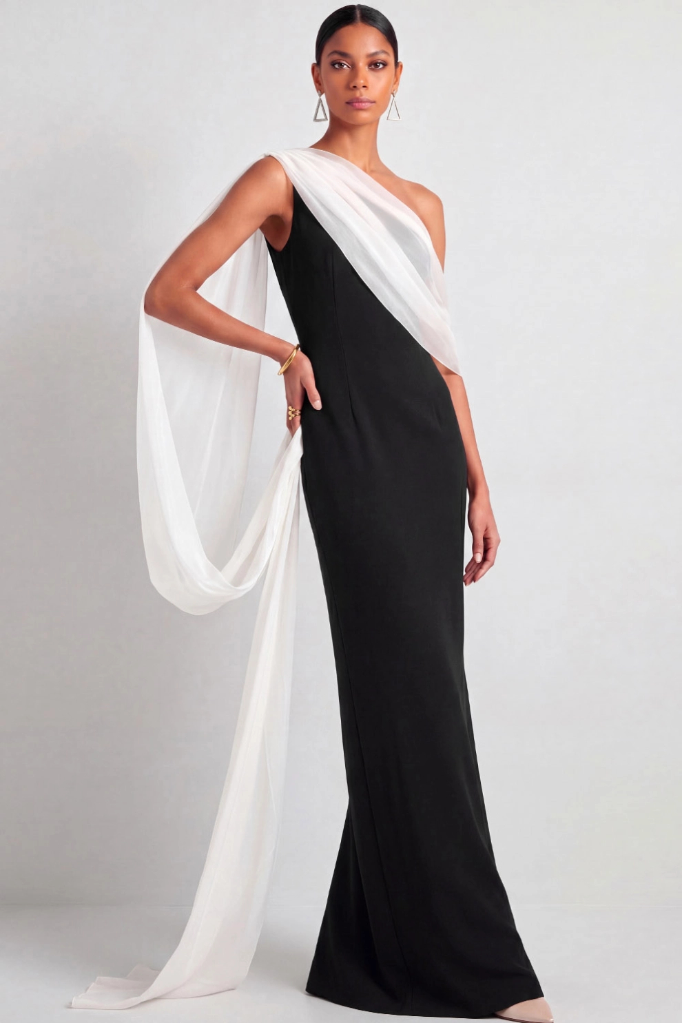 Black and White One Shoulder Mermaid Cape Maxi Dress