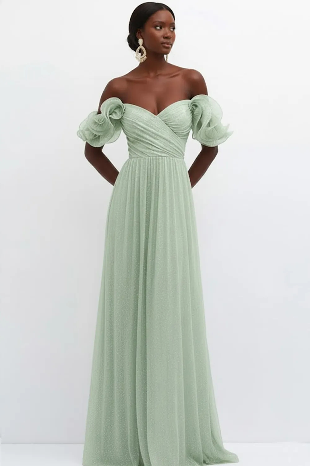 Light Blue Off Shoulder A-Line Pleated Chiffon Maxi Dress