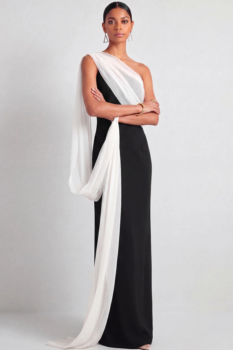 Black and White One Shoulder Mermaid Cape Maxi Dress