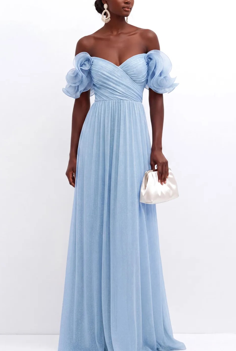 Light Blue Off Shoulder A-Line Pleated Chiffon Maxi Dress