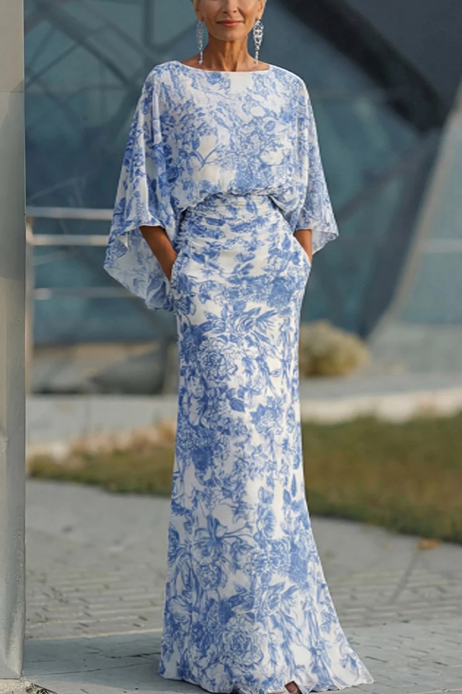 Floral White Blue Sheath Boat Neck with Pockets Maxi Dress