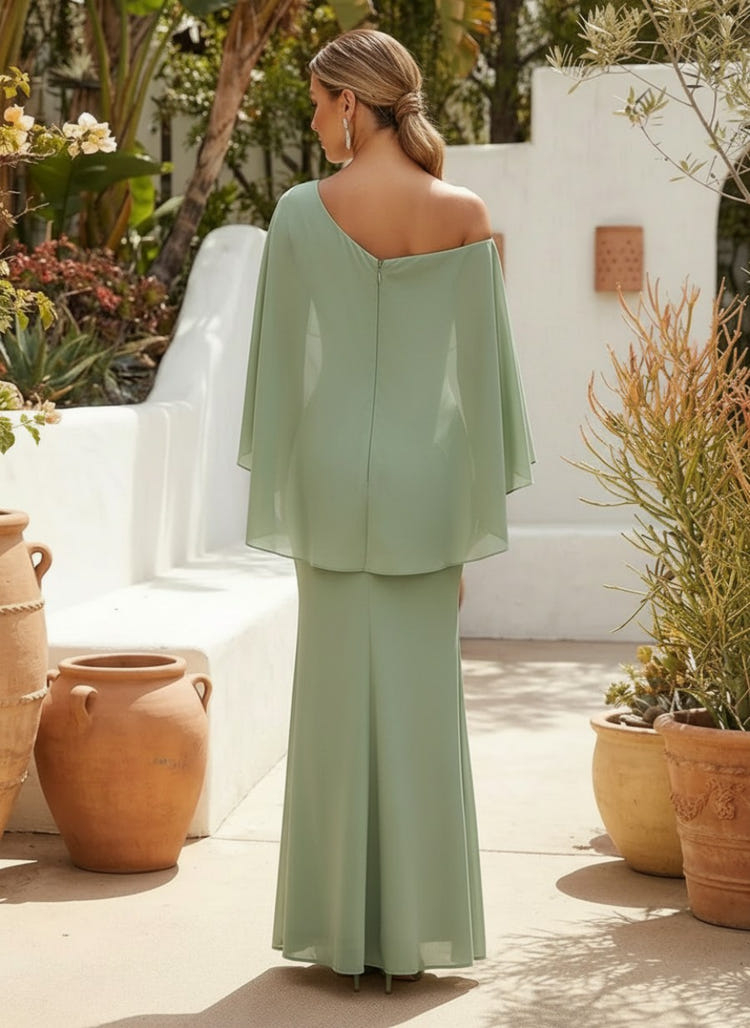 Sage Green One-Shoulder Cape Chiffon Mermaid Gown with Floral Applique