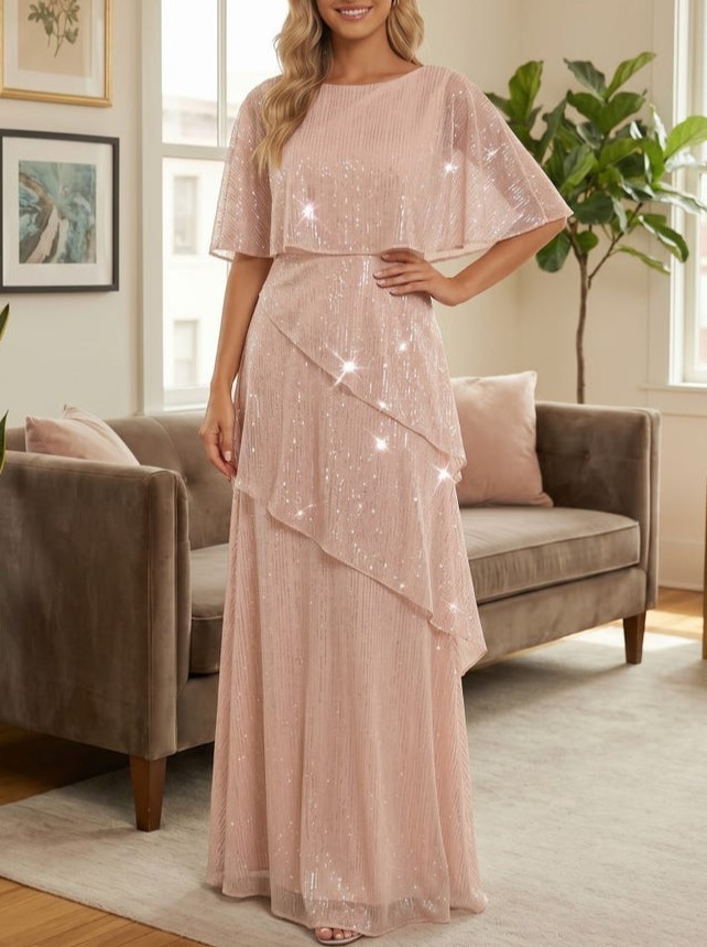 Blush Pink Sequin Cape Overlay A-Line Floor Length Gown
