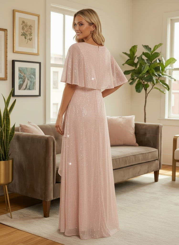 Blush Pink Sequin Cape Overlay A-Line Floor Length Gown