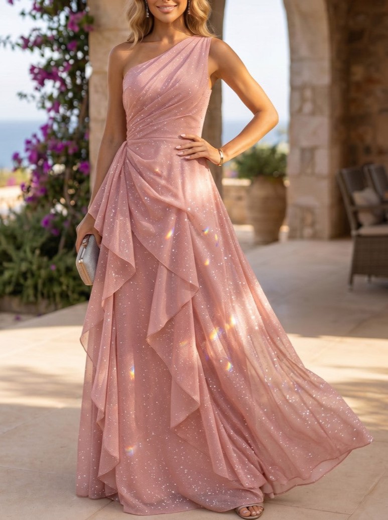 Blush Pink Tulle One-Shoulder A-Line Gown with Cascading Ruffles