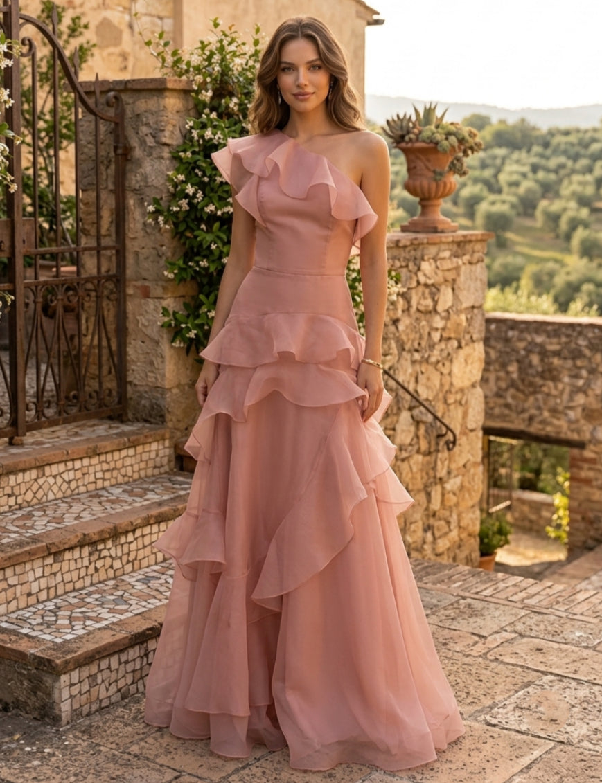 Dusty Pink Organza One-Shoulder Tiered Ruffle A-Line Gown