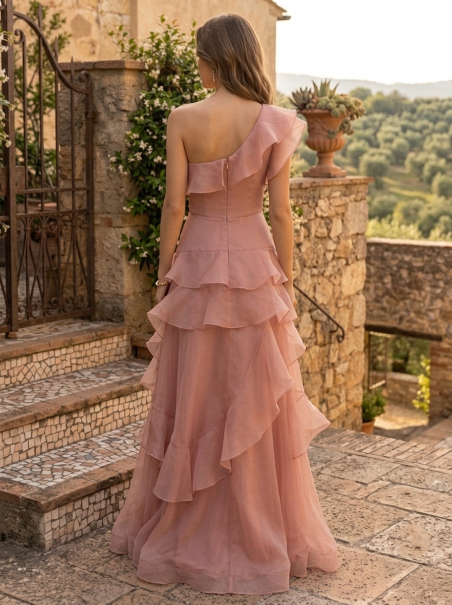 Dusty Pink Organza One-Shoulder Tiered Ruffle A-Line Gown