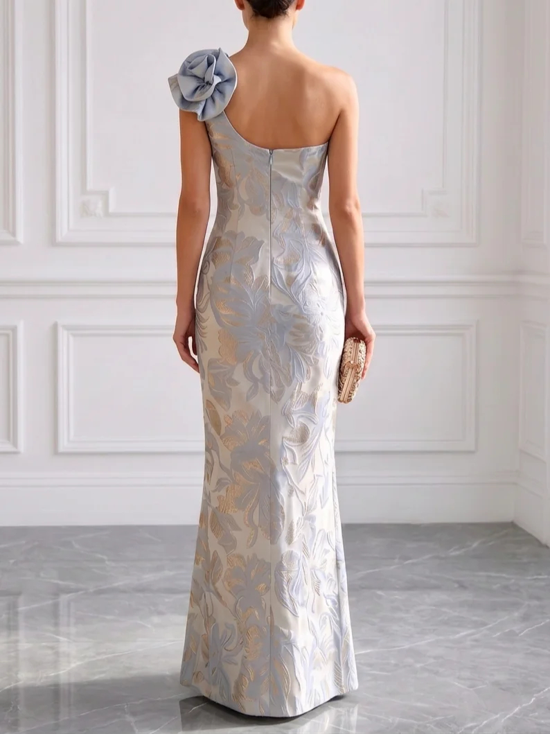 Dusty Blue Gold Floral Jacquard One Shoulder 3D Rose Mermaid Gown