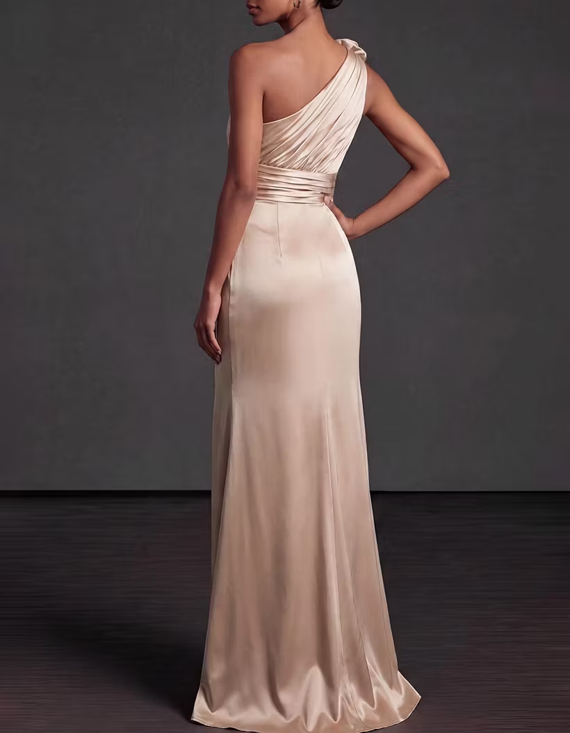 Champagne Satin One Shoulder 3D Rose Ruched High Slit Mermaid Gown