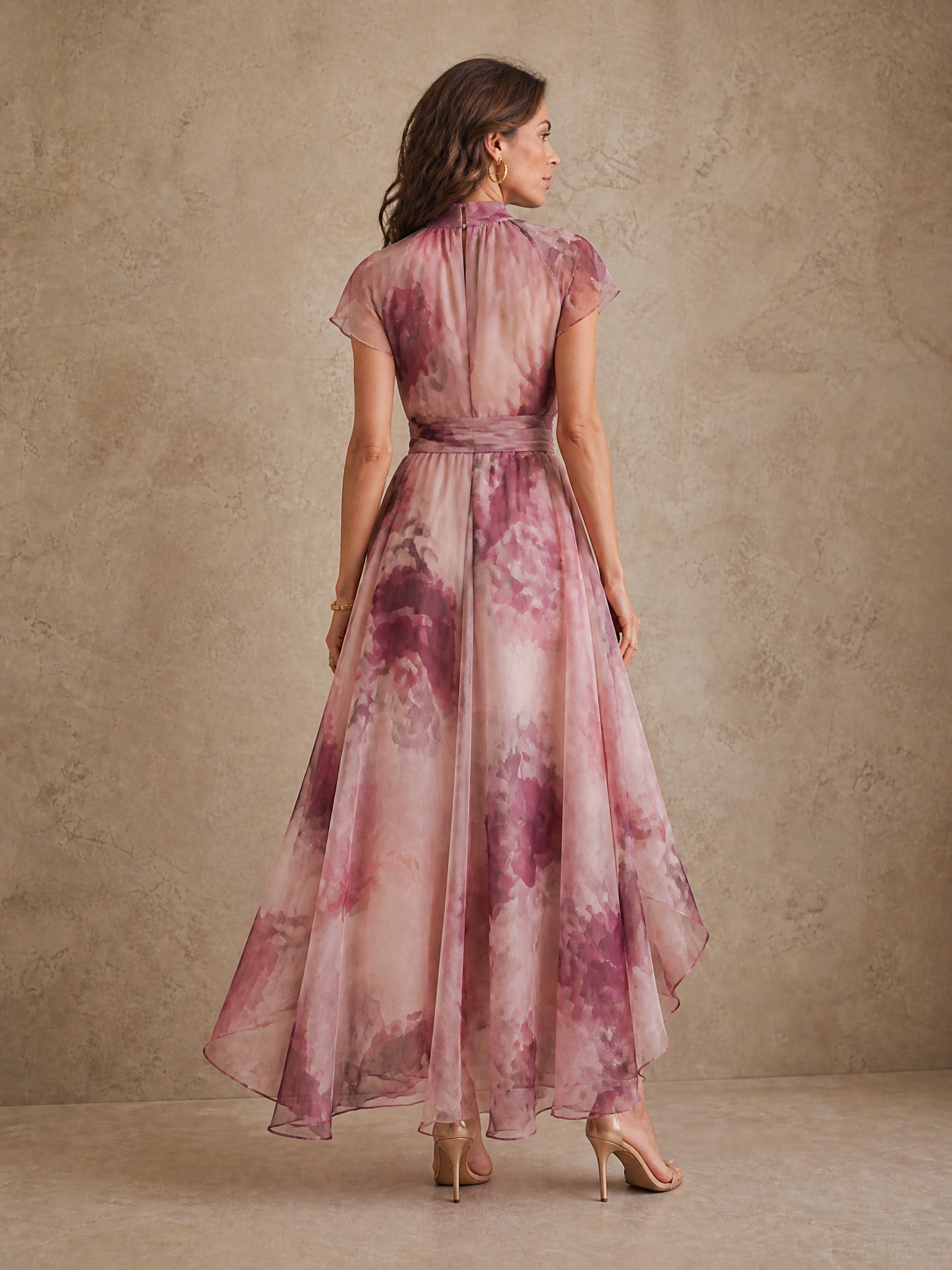 Ethereal Mauve Floral High-Neck Chiffon A-Line Maxi Gown Dress