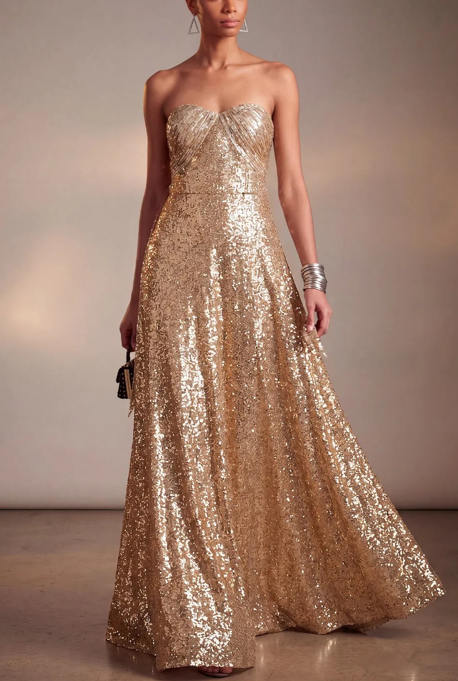 Gold Sequin Strapless Sweetheart A-Line Floor Length Evening Gown