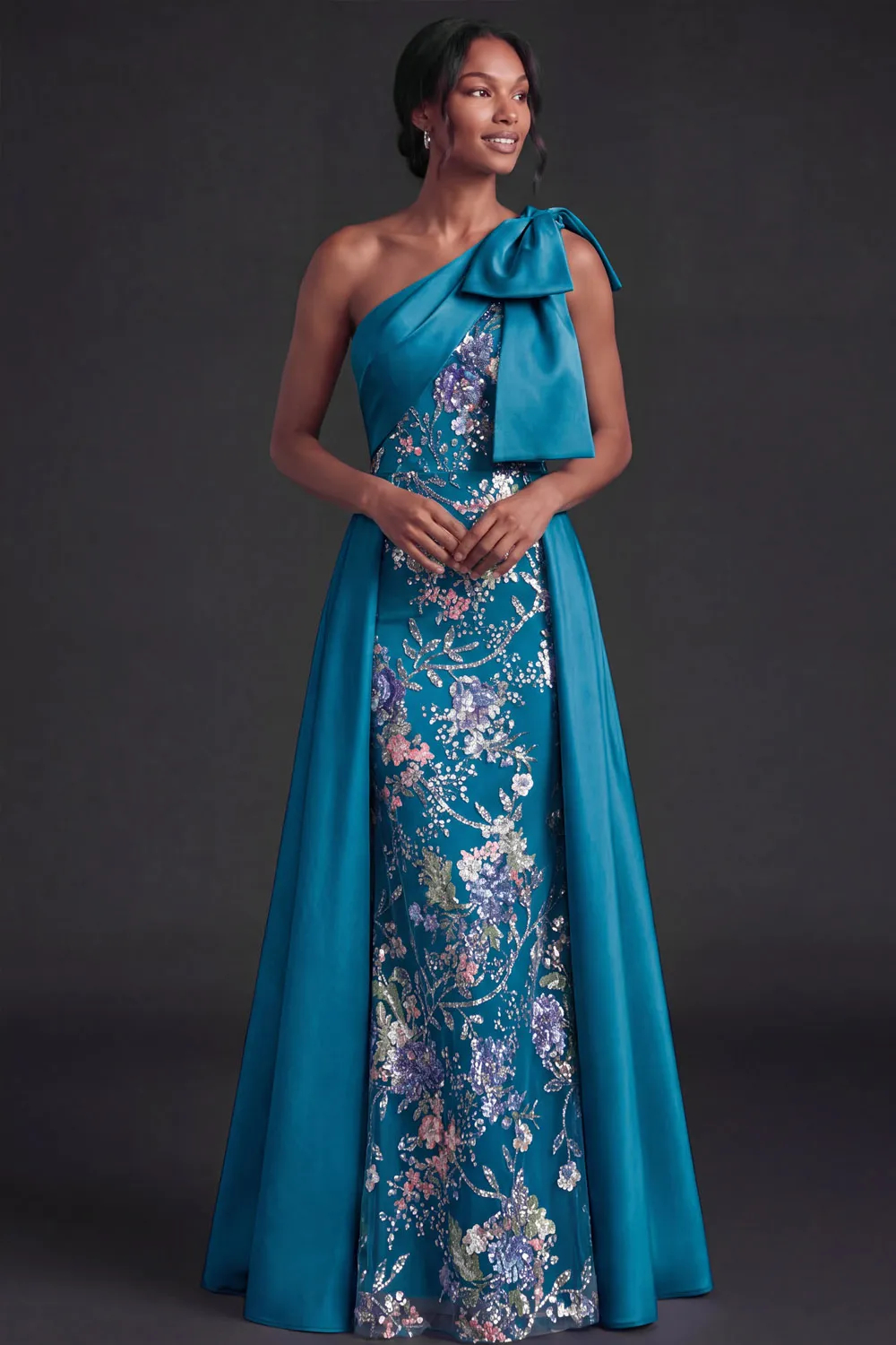 Peacock Satin One Shoulder Floral Sequin Overlay A-Line Floor Length Evening Gown