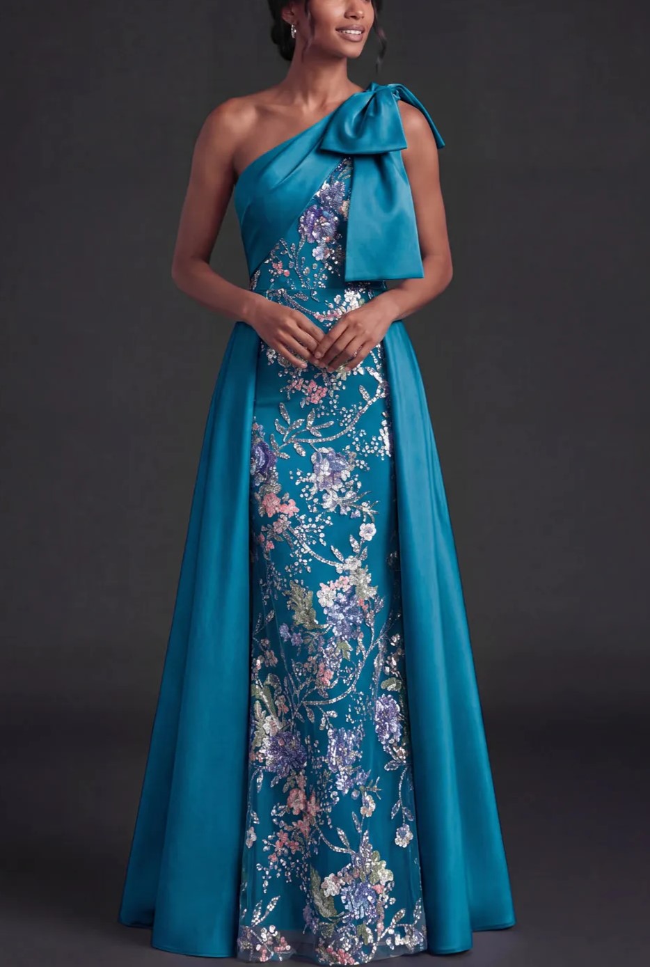 Peacock Satin One Shoulder Floral Sequin Overlay A-Line Floor Length Evening Gown