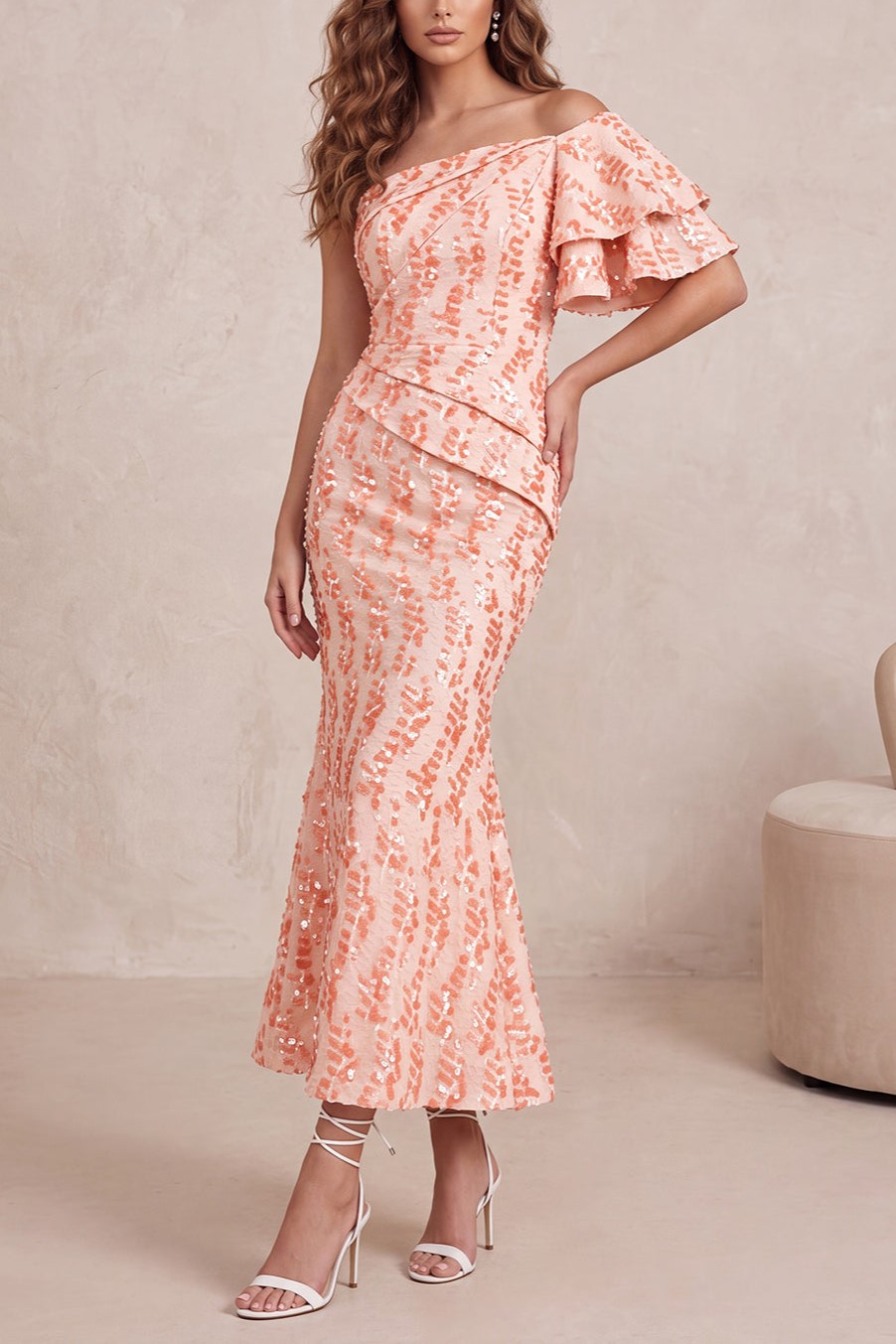 Peach Sequin One-Shoulder Midi Mermaid Dress with Ruffle Sleeve