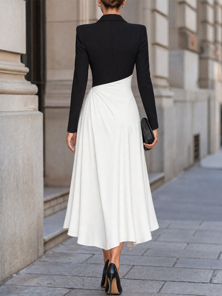 Black & White Color Block Blazer Midi Dress with Asymmetrical Skirt