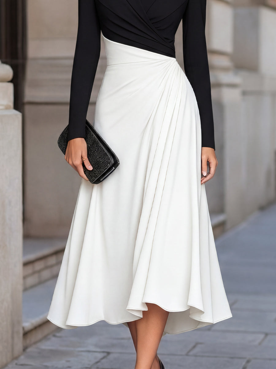 Black & White Color Block Blazer Midi Dress with Asymmetrical Skirt