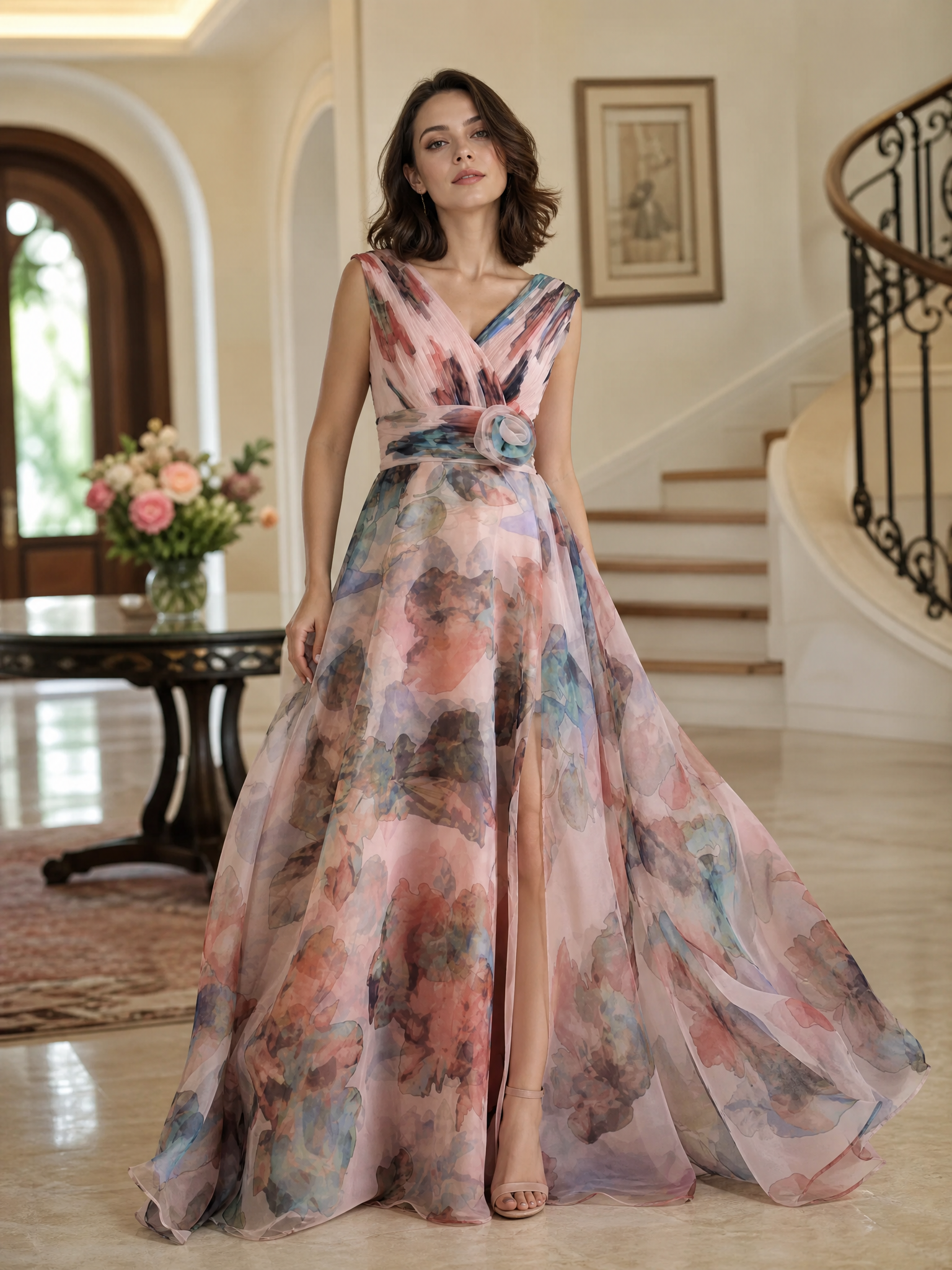 V-Neck Sleeveless Front Split Floral Print Chiffon A-Line Gown