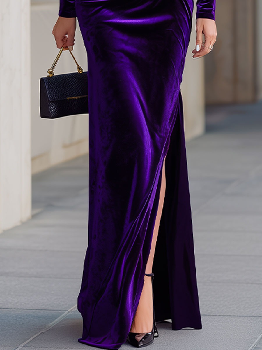 Elegant Purple Velvet Asymmetric Neckline Ruched Maxi Dress With Side Slit