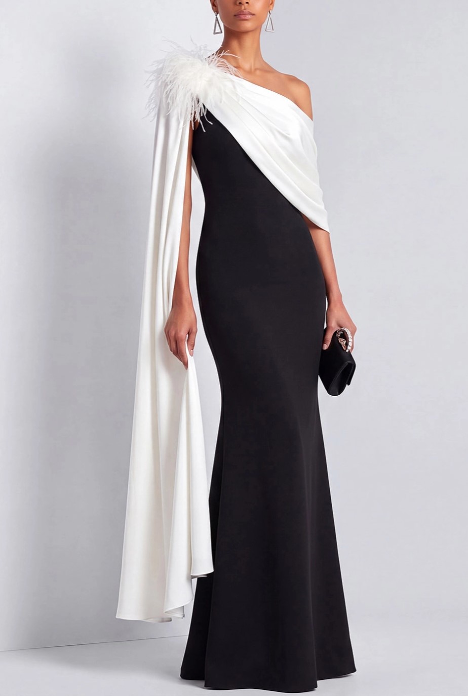 Black and White One Shoulder Mermaid Cape Maxi Dress