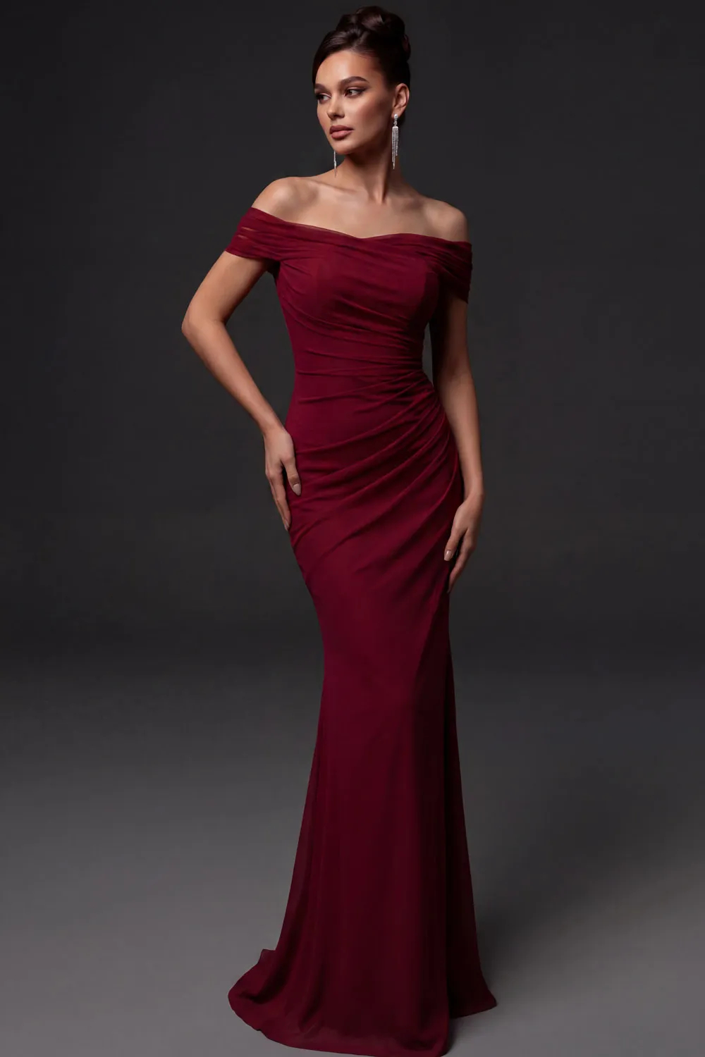 Off Shoulder Mermaid Pleated Chiffon Maxi Dress