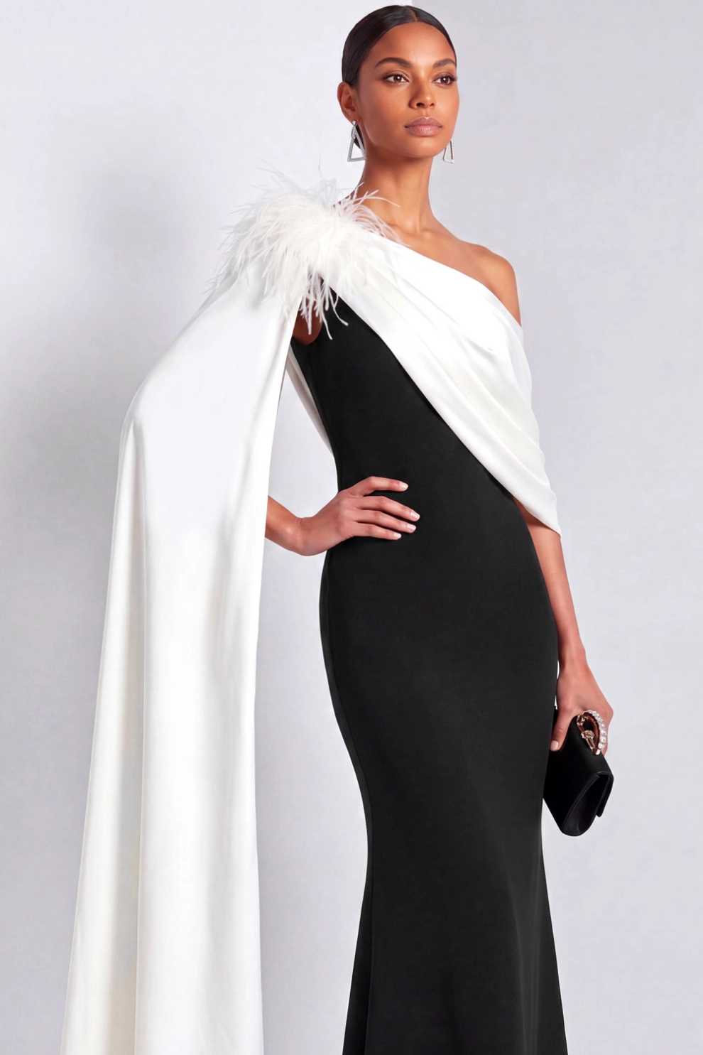 Black and White One Shoulder Mermaid Cape Maxi Dress