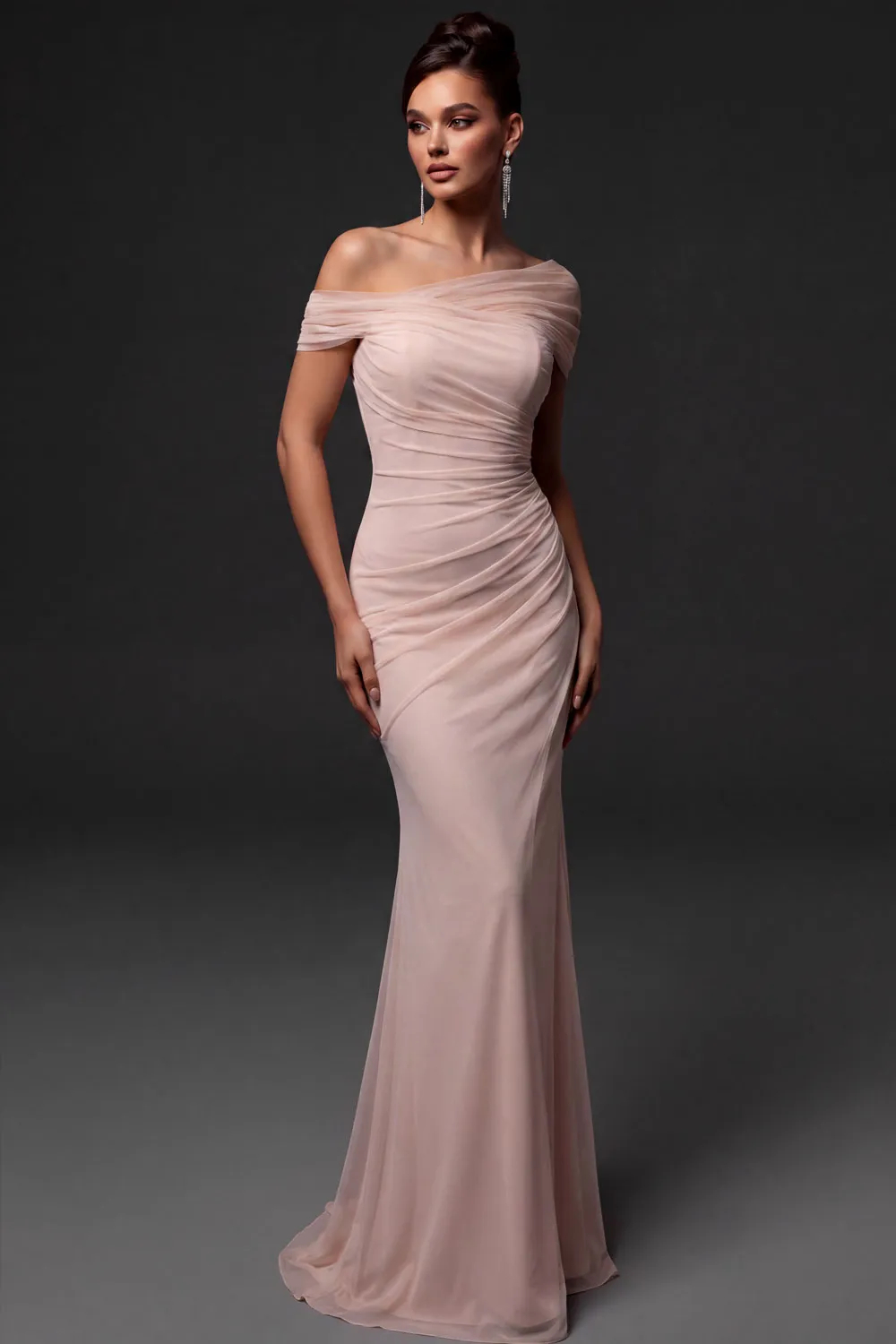 Off Shoulder Mermaid Pleated Chiffon Maxi Dress