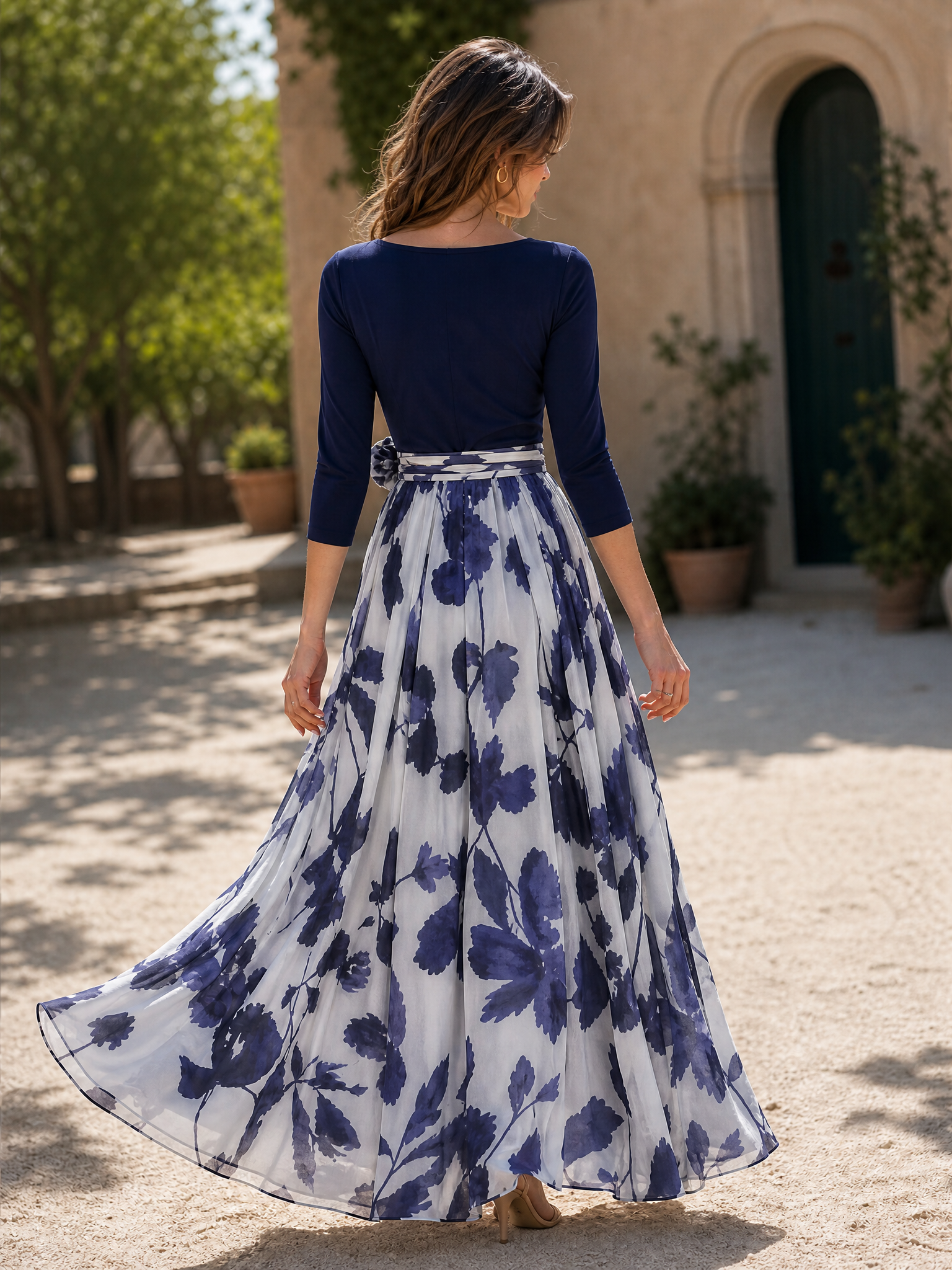 V-Neck Three-Quarter Sleeve Floor-Length Floral Print Chiffon A-Line Gown