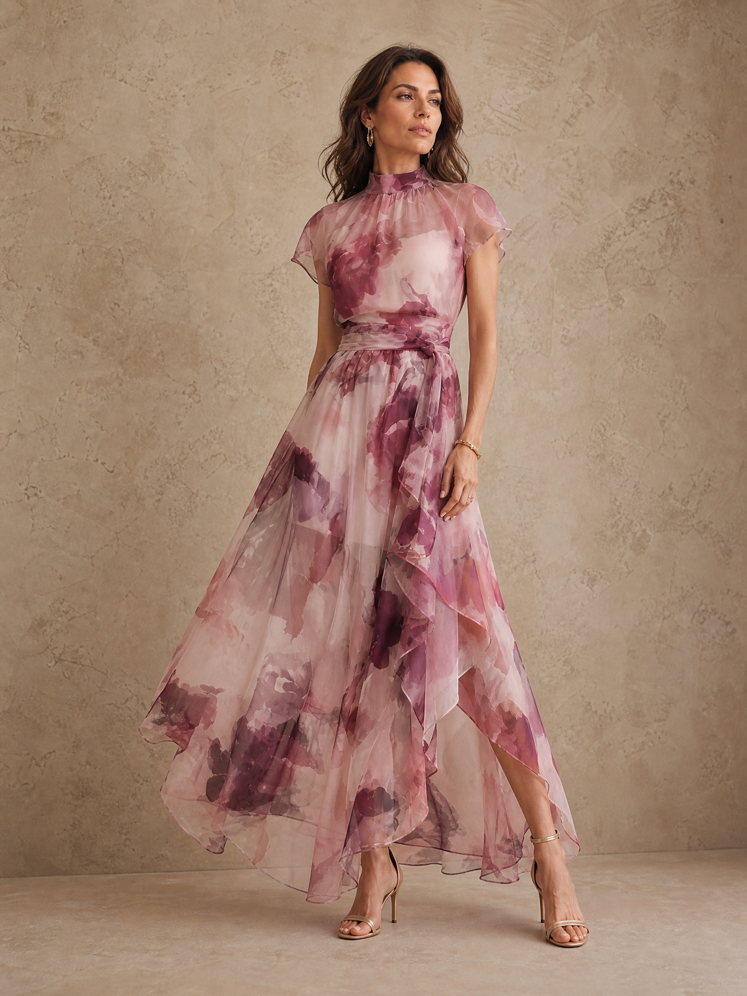 Ethereal Mauve Floral High-Neck Chiffon A-Line Maxi Gown Dress