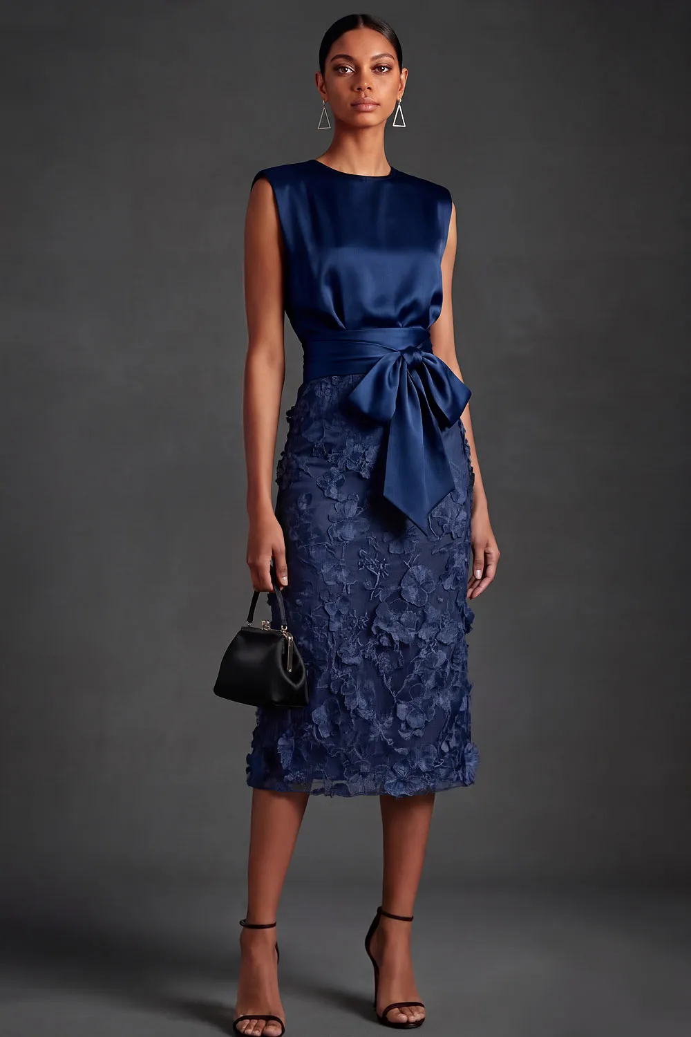 Navy Round Neck Sheath Satin Appliqued Midi Dress