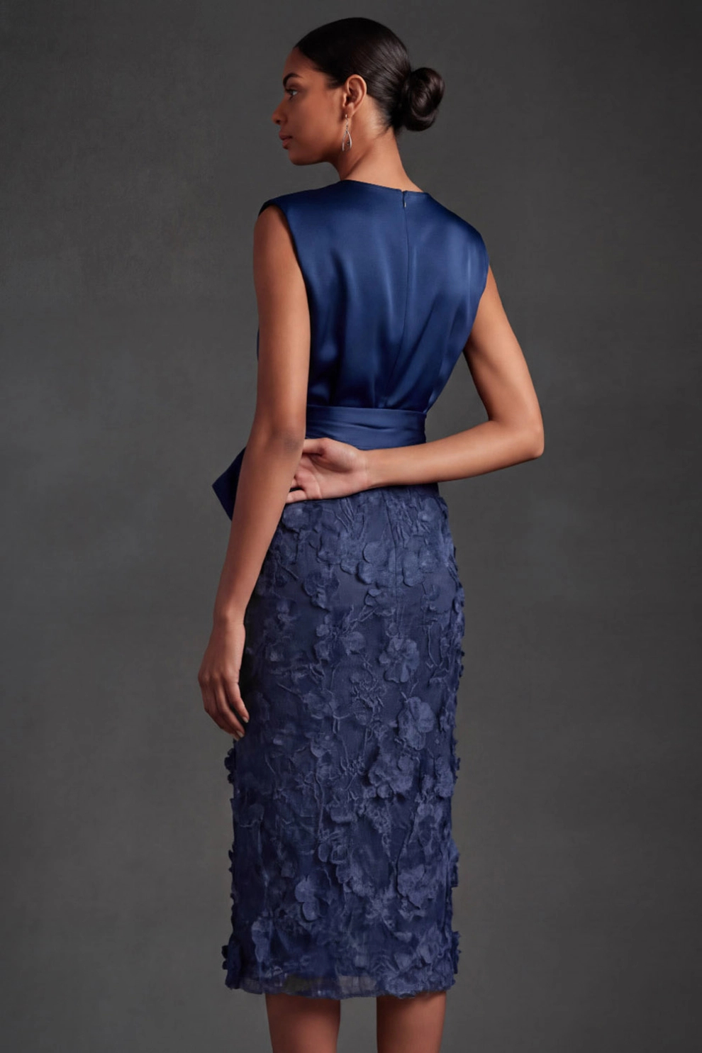 Navy Round Neck Sheath Satin Appliqued Midi Dress