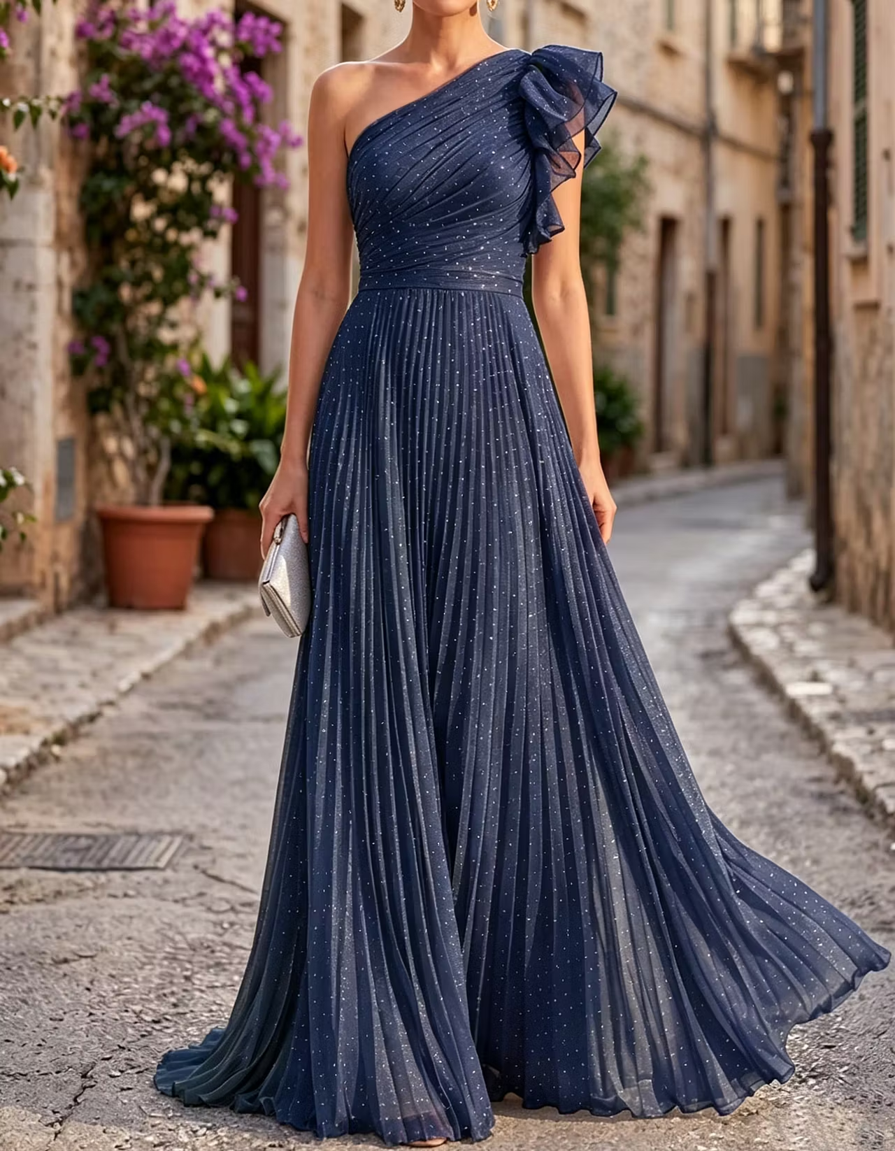 Chiffon Rhinestone One-Shoulder Pleated Waist Maxi Dress