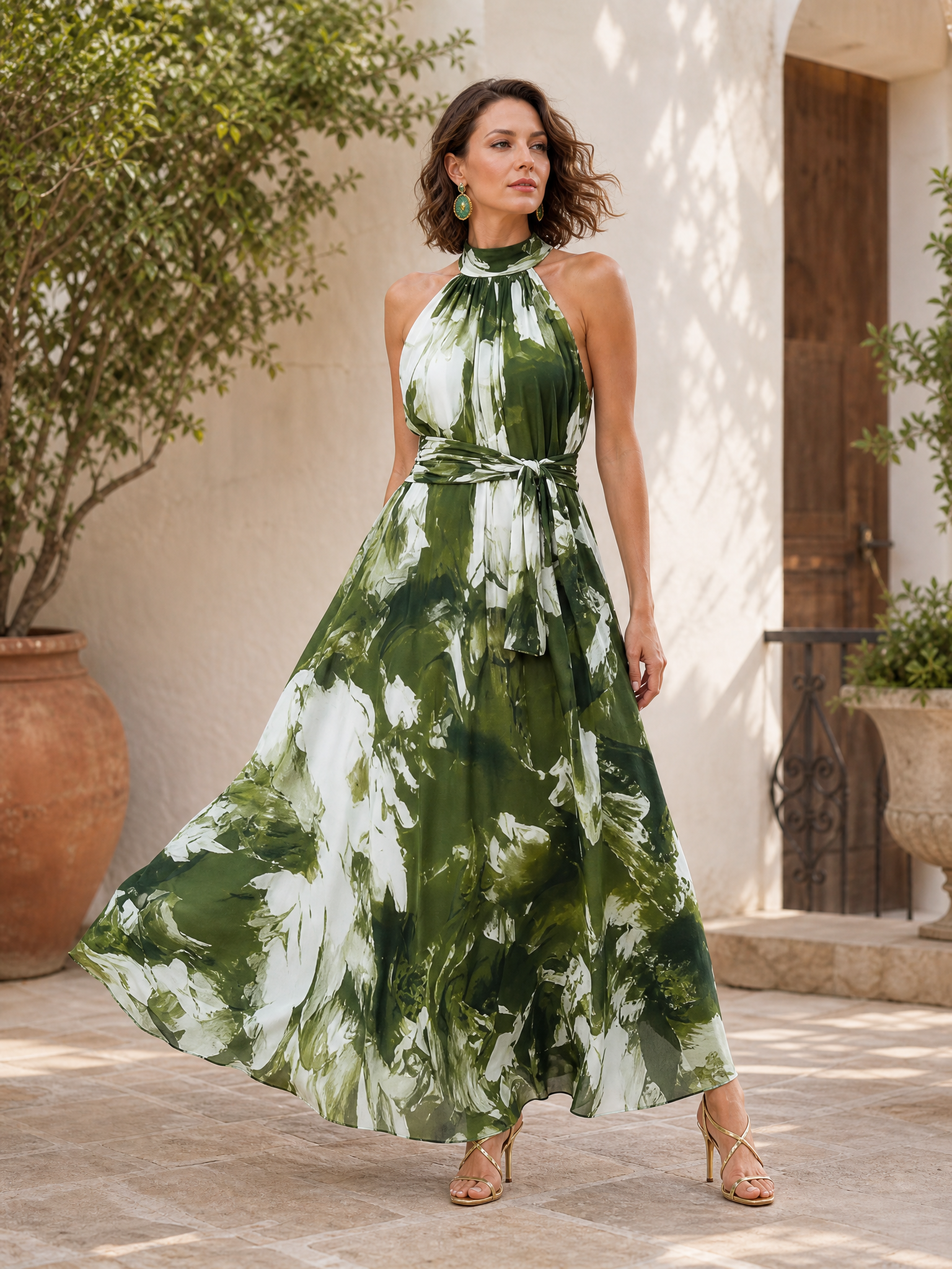 Ethereal Emerald Green Abstract Print Halter Sleeveless A-Line Maxi Gown Dress